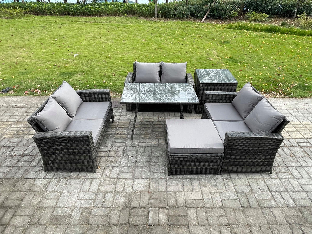 GARTENMÖBELSET mit ESSTISCH,HOCHLEHNER-SOFA Polyrattan Dunkelgrauer Mix 7-Sitzer - Dunkelgrau/Grau, Glas/Kunststoff - Fimous