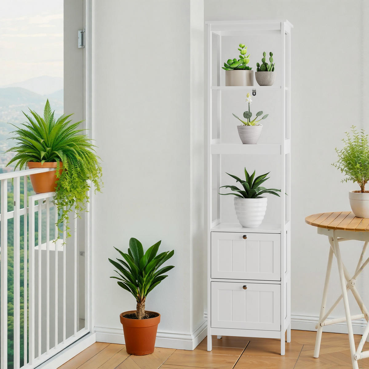 HOCHSCHRANK 40x30x160 cm Weiß aus Spanplatte mit 2 Schubladen & 3 offenen Regalen - Weiß, Holzwerkstoff (40/160/30cm) - Modfu