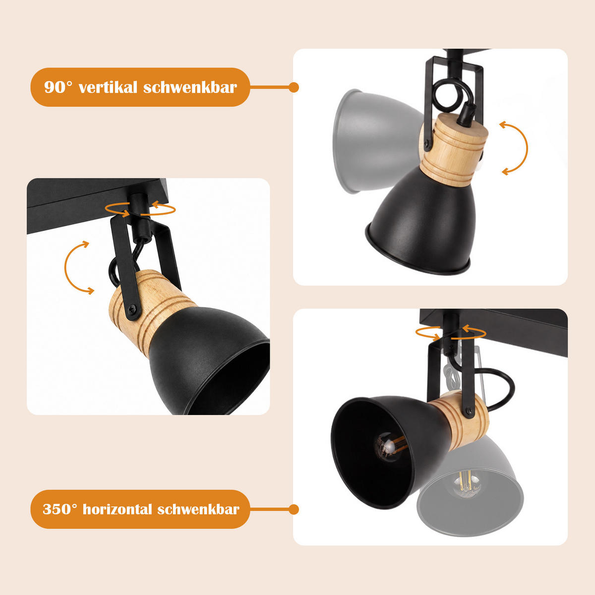 DECKENSTRAHLER Orvix 30/10/15 cm - Schwarz/Braun, Holz/Metall (30/10/15cm) - ZMH