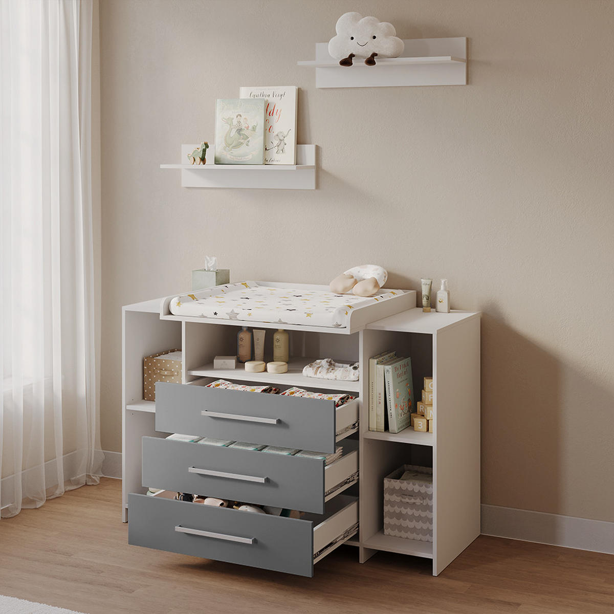 WICKELKOMMODE Torino Weiß/Grau XL mit Schubladen - Weiß/Grau, Holzwerkstoff (143/100/70cm) - Livinity®