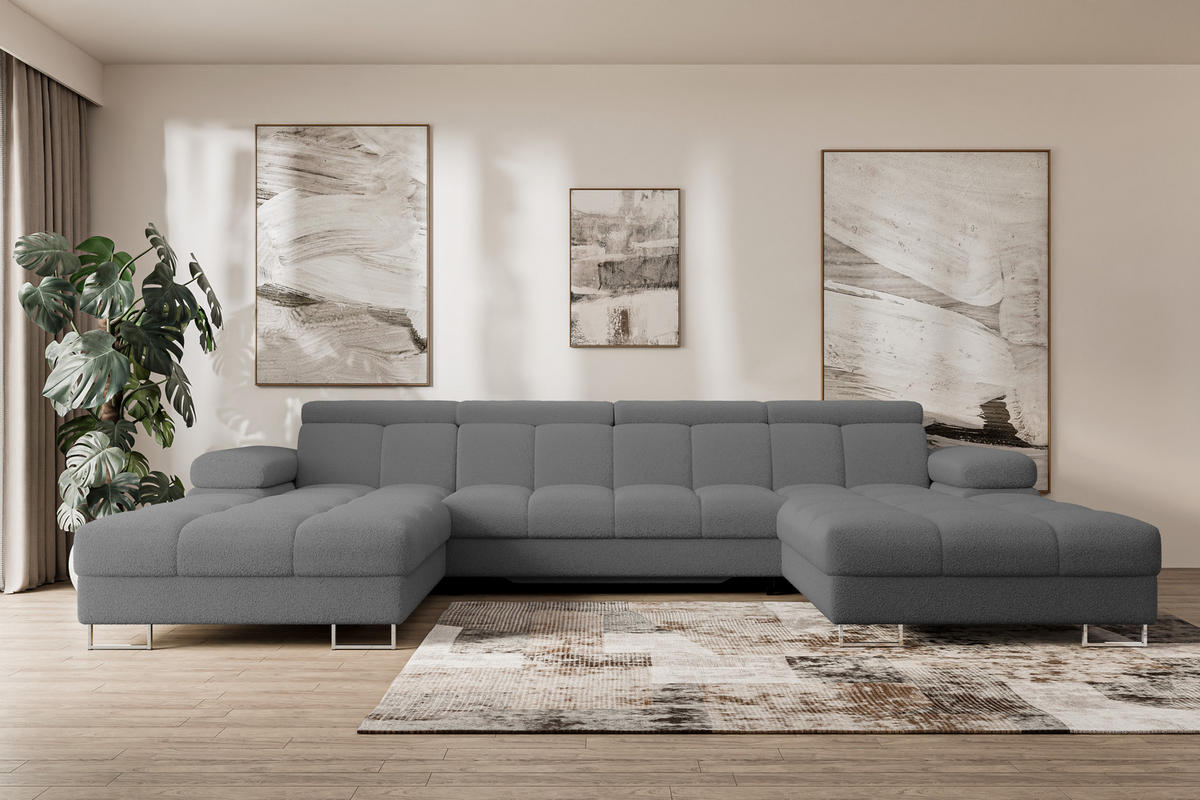 WOHNLANDSCHAFT mit Schlaffunktion und Bettkasten COMA U2 345x203x79 Grau Bouclé - Chromfarben, Holzwerkstoff/Textil (345/79/203cm) - ALTDECOR