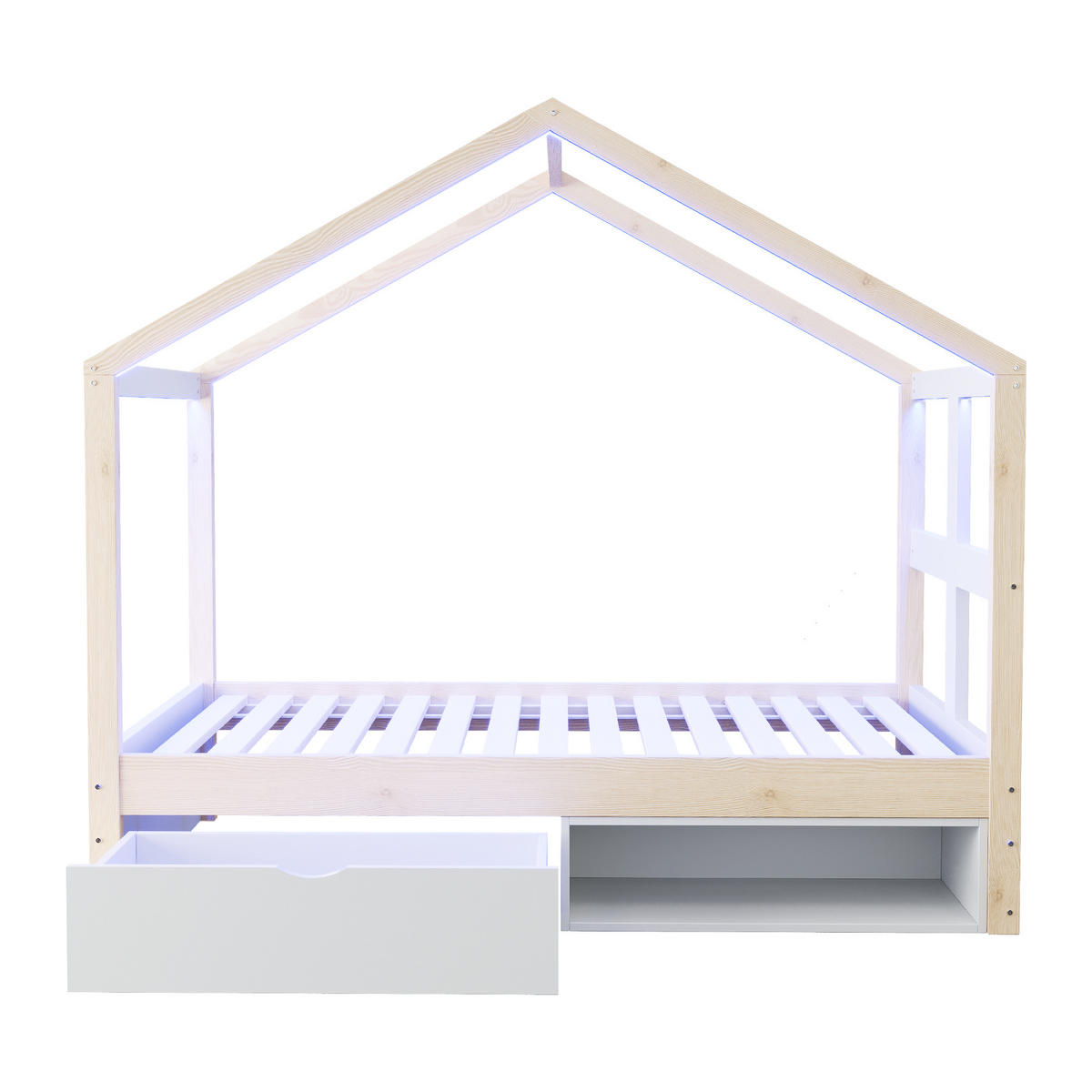 HAUSBETT 90/190 cm DE-01554, in Holzfarbe, mit Schubladen, Schuhschrank und LED-Beleuchtung - Naturfarben, Holzwerkstoff (90/190cm) - ComfortXL