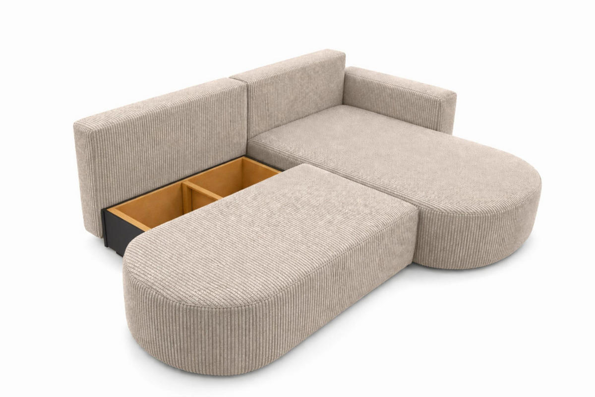 ECKSOFA Mit Schlaffunktion Und Bettkasten, Cordstoff Poso, Dunkelbeige, Rechts, ROUND ONE OPEN XL - Beige, Holz (262/175cm) - Kaiser Möbel