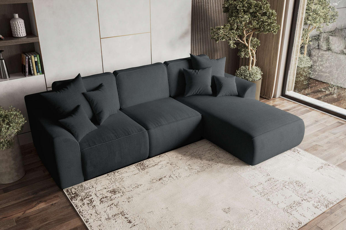 ECKSOFA GUSTO Cordstoff Graphitfarben Rechts inkl. Schlaffunktion - Chromfarben/Graphitfarben, Kunststoff/Textil (295/194cm) - 99rooms