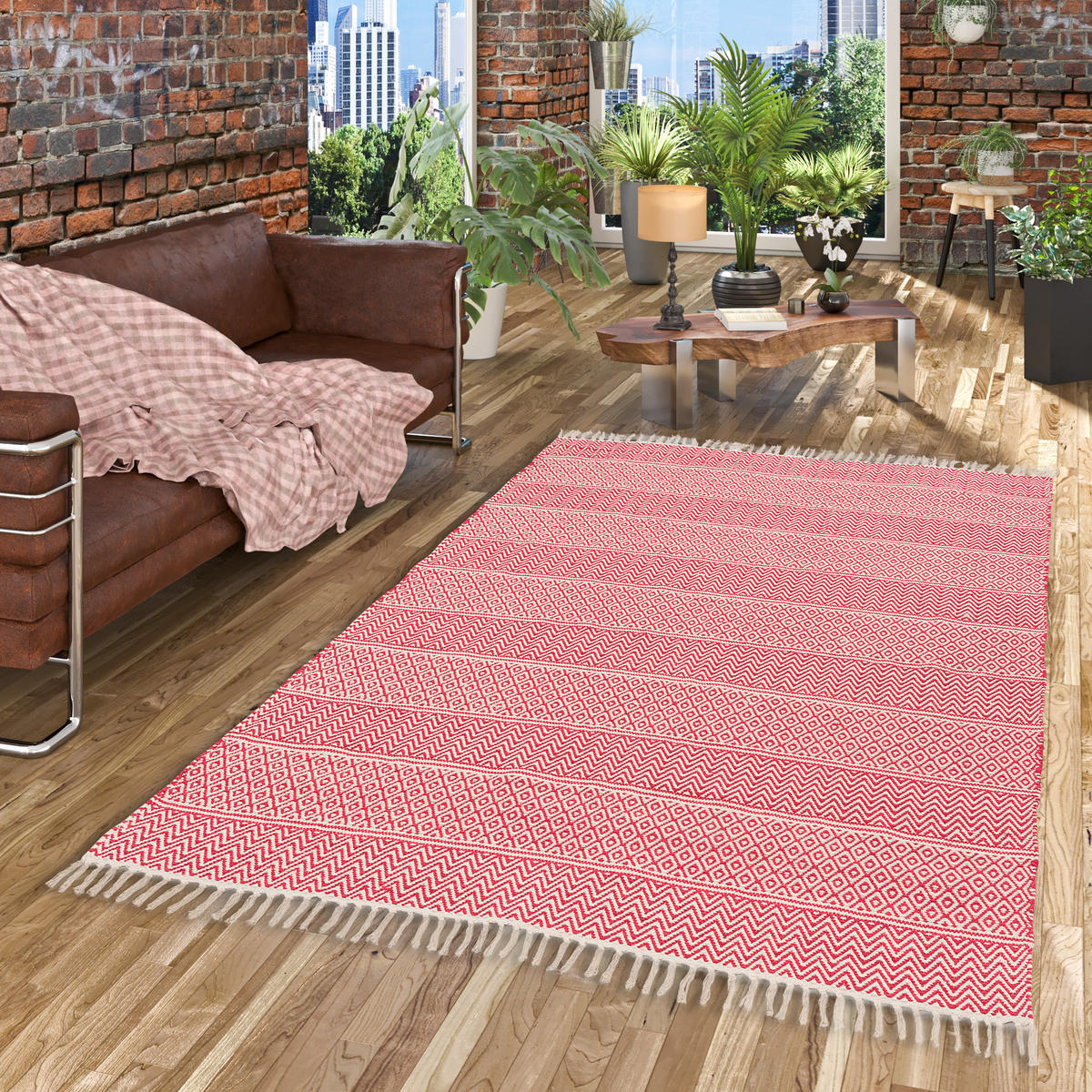 BAUMWOLLE NATUR KELIM TEPPICH SANDY STRIPES - Rot, Textil (90/160cm) - Pergamon
