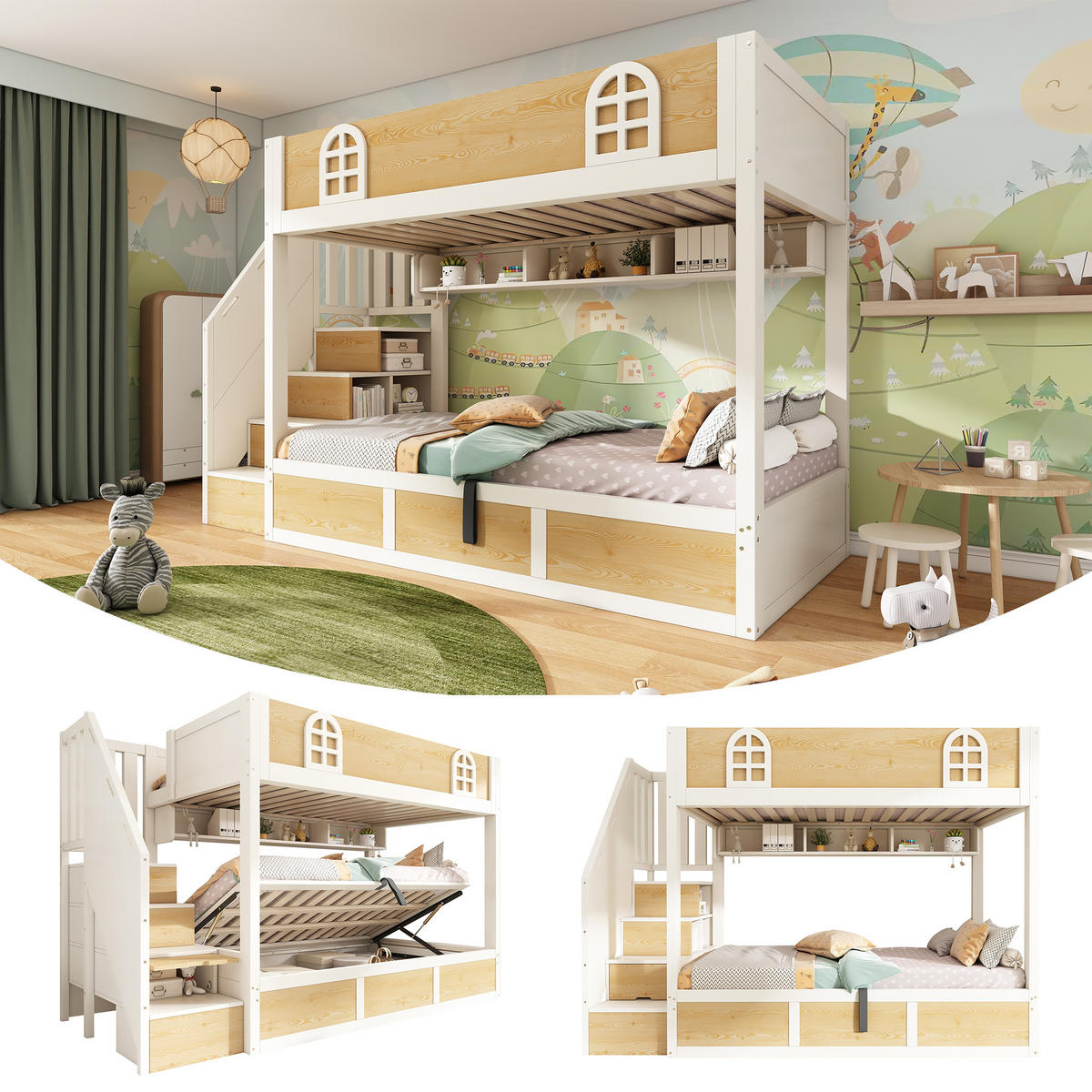 ETAGENBETT 90/200 cm & 90/200 cm in Weiß & Natur mit Stauraum und Treppenschrank - Weiß/Naturfarben, Holz/Holzwerkstoff (90/200cm) - WISHDOR