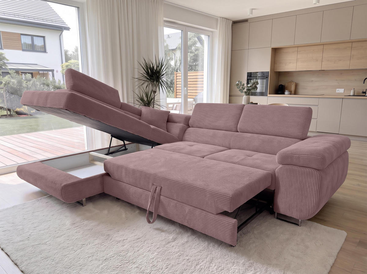 ECKSOFA L Form Konak Rosa 276/201/90 cm Links mit Schlaffunktion - Silberfarben/Rosa, Textil/Metall (203/276cm) - AX Living
