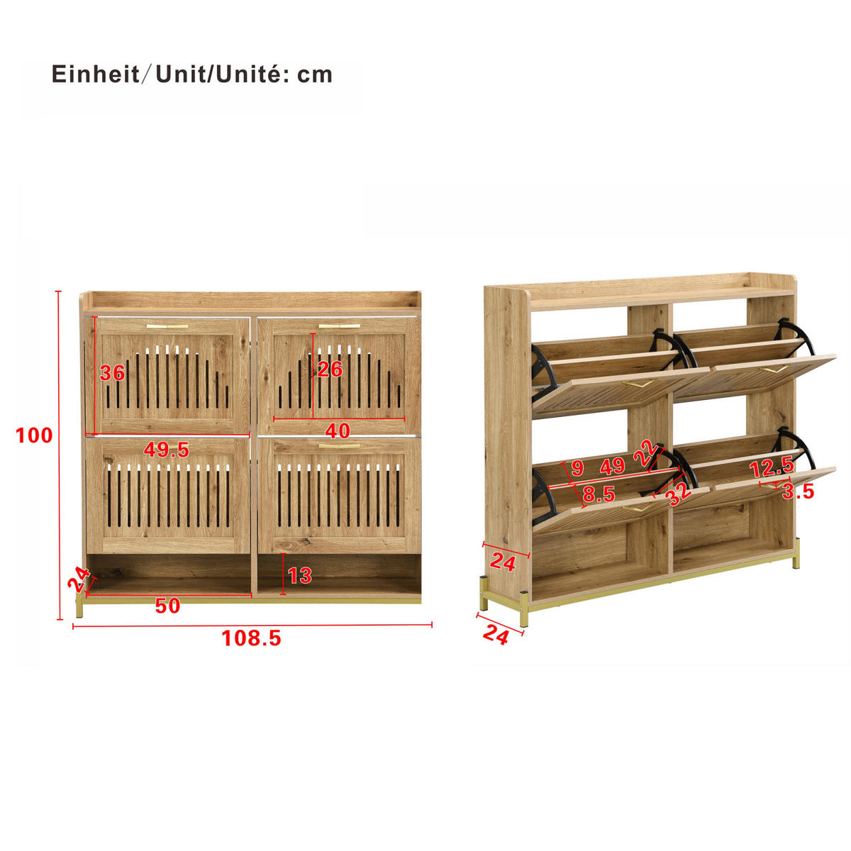 SCHUHSCHRANK in Holzoptik mit 4 Klappen, Schuhkommode für Flur und Schlafzimmer - Naturfarben, Holz (108/100/24cm) - PARAFTA HOME