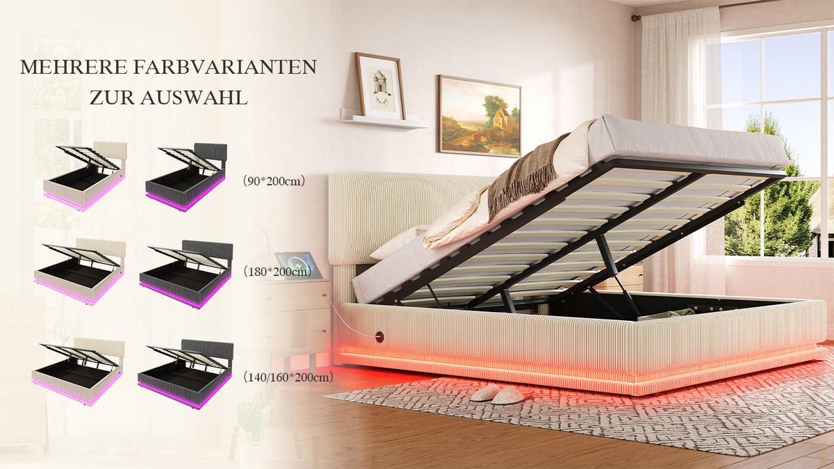 POLSTERBETT 140x200 cm LED USB Stauraum beige - Beige, Textil (140/200cm) - LEBENLANG