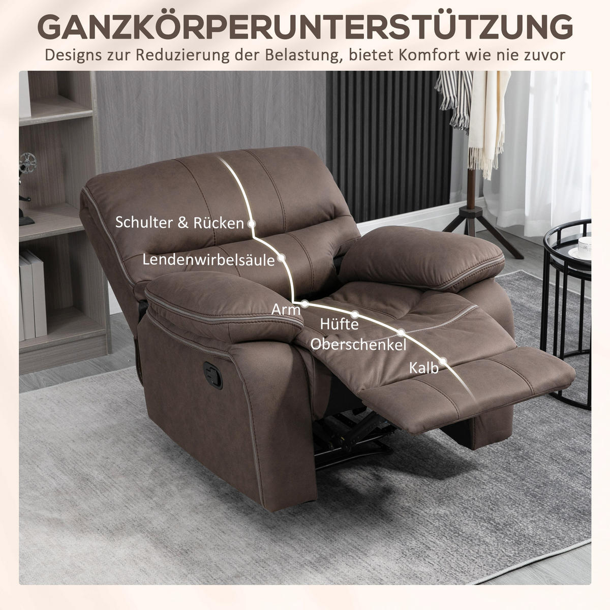 RELAXSESSEL, Fernsehsessel mit Liegefunktion, Fußteil für Wohnzimmer, Braun - Braun, Kunststoff (90/96/97cm) - HOMCOM