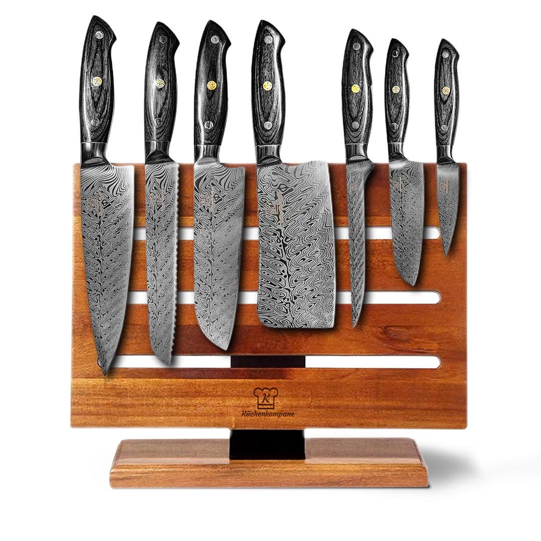 MESSER-SET 9-tlg. mit magnetischem Holz-Messerblock und Edelstahlklingen - Schwarz/Braun, Holz/Metall - Küchenkompane