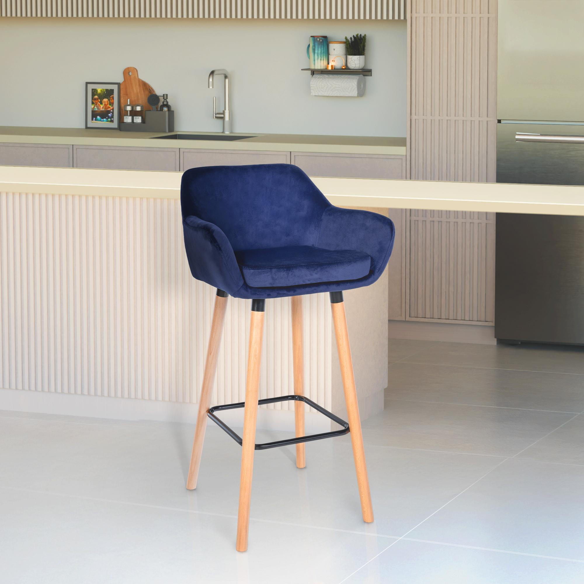 BARHOCKER Samt dunkelblau - Eukalyptusholzfarben/Dunkelblau, Holz/Textil (51/101/50cm) - CLP