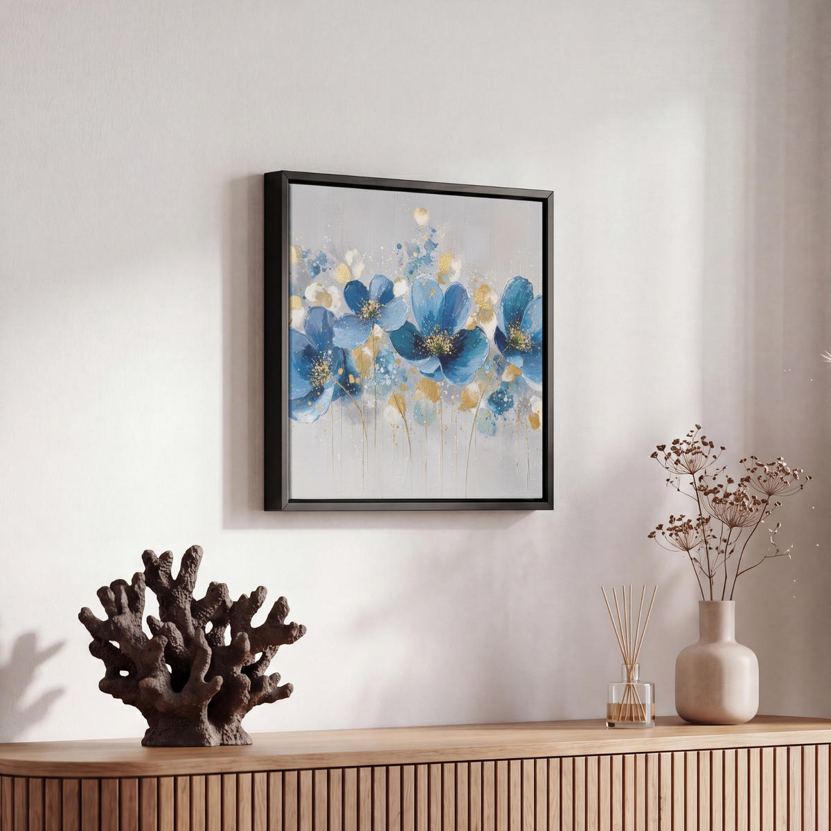 LEINWAND Bilder mit Rahmen - Blumen - Blau - Abstrakt - 20x20 - Hellgrau, Textil (20/20cm) - MuchoWow