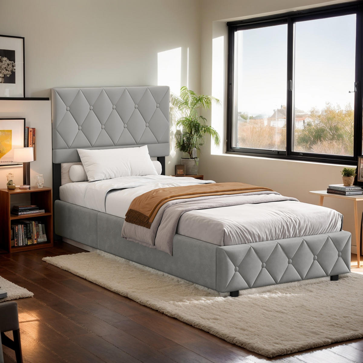 POLSTERBETT 90/200 cm Grau mit hydraulischem Stauraum aus Samt - Grau, Holzwerkstoff (90/200cm) - OKWISH