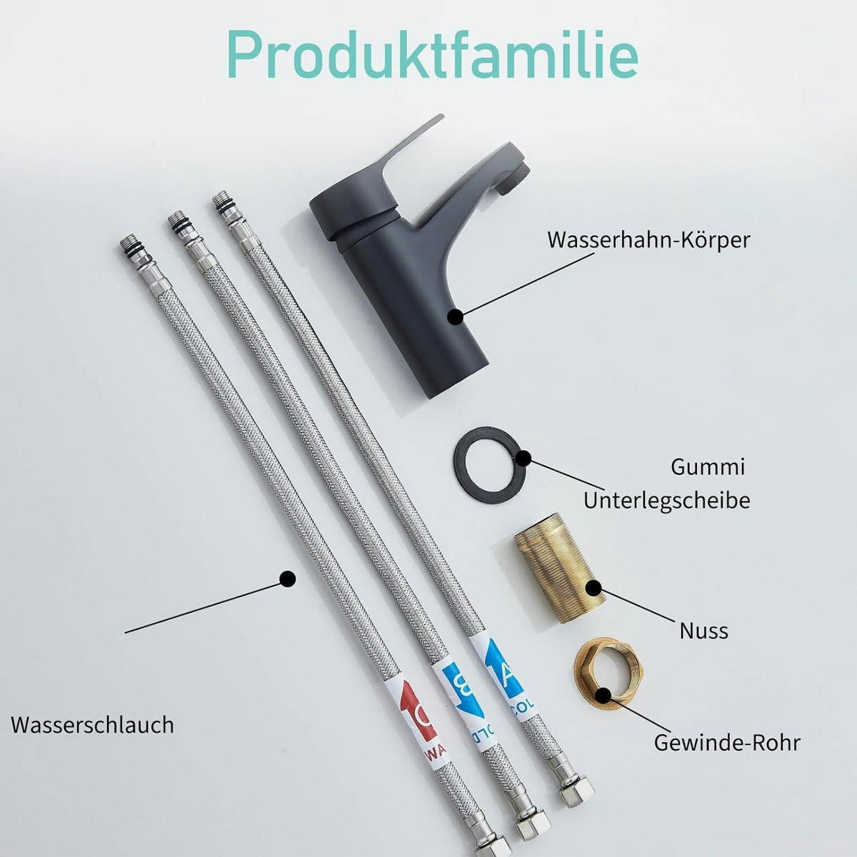 WASCHTISCHARMATUR Niederdruck Schwarz Messing mit Wassersparfunktion - Schwarz, Metall (19/7/25cm)