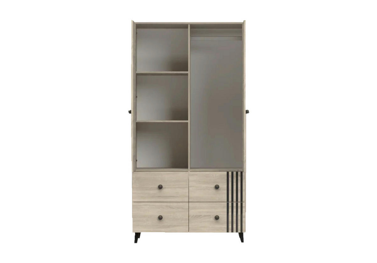 DREHTÜRENSCHRANK - FORTEN 2D4S (Sonoma + Schwarz) - Sonoma Eiche, Holzwerkstoff/Metall (104/202/55cm) - Möblo