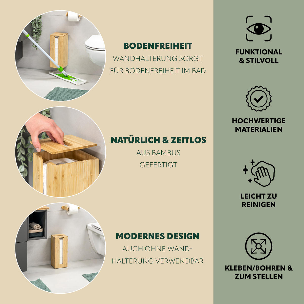 TOILETTENPAPIERAUFBEWAHRUNG, Bambus, eckig - Braun, Holz (14.5/34/14.5cm) - eluno