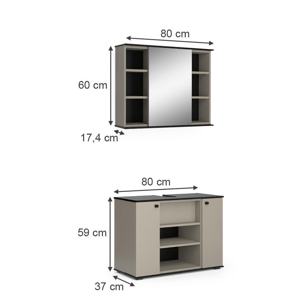 Thumbnail - Vicco Badmöbel-Set, Greige, Schwarz, Holzwerkstoff, nicht einzeln stellbar, 80x59x37 cm, Badezimmer, Badmöbelsets & Badm...