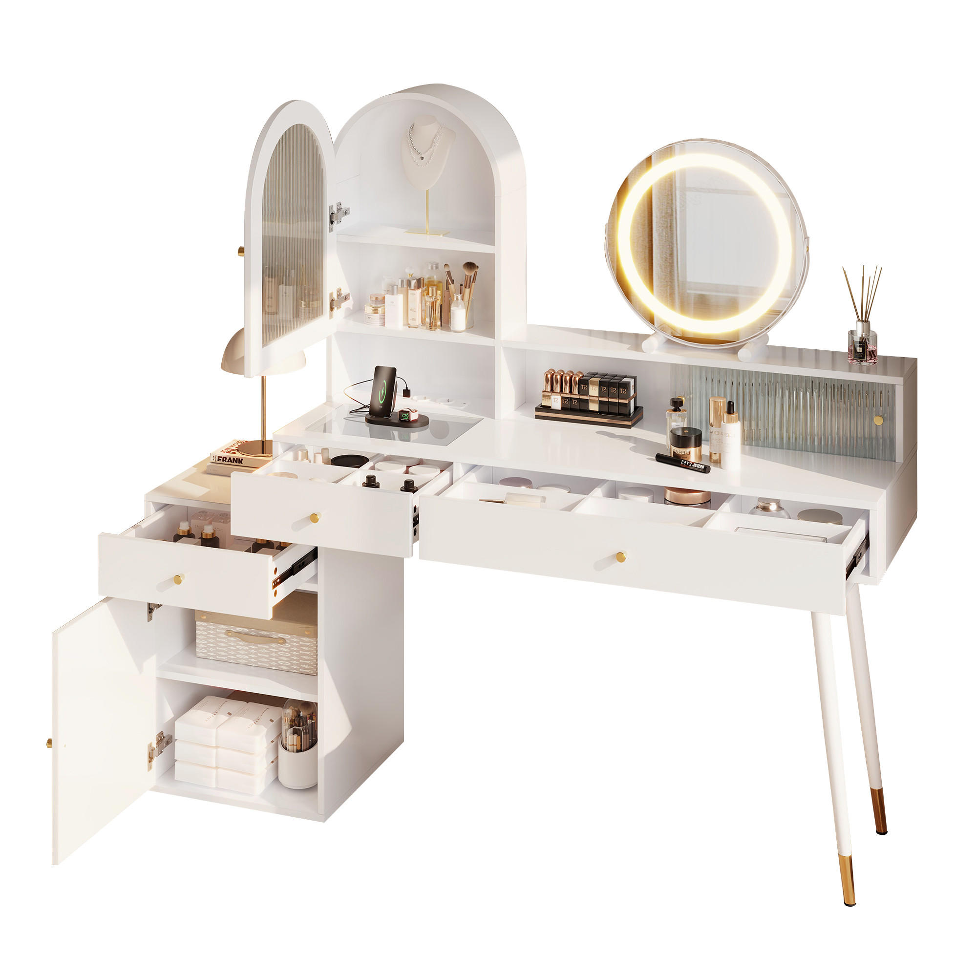 SCHMINKTISCH in Weiß mit LED-Spiegel und USB-Anschluss für Schlafzimmer, B140/T40/H140 cm - Transparent/Weiß, Glas/Holzwerkstoff (140/140/40cm) - STILVORA