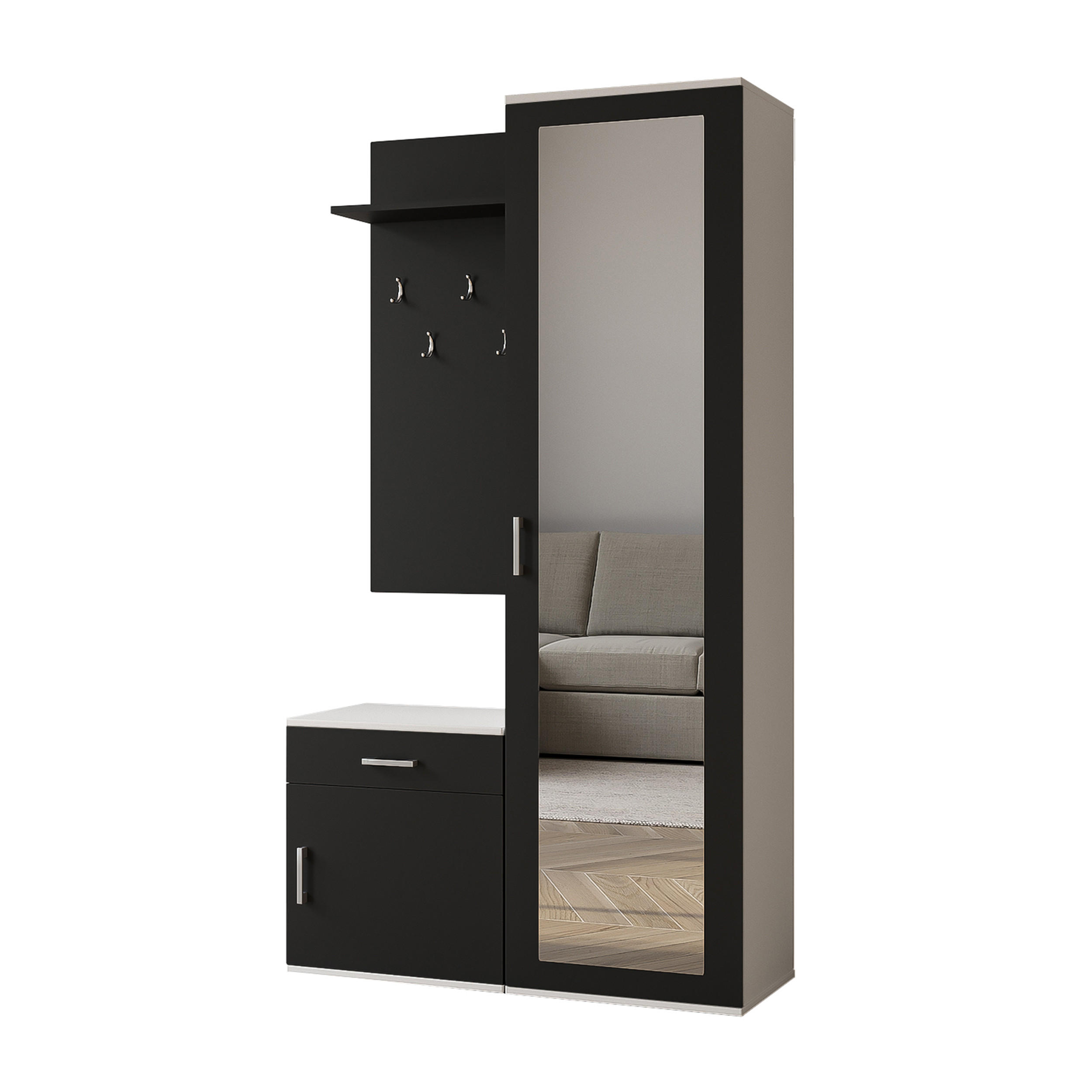 GARDEROBENSCHRANK Magnola Weiß Schwarz 100/180,5/35 cm – Modern, mit Spiegel und viel Stauraum - Schwarz/Weiß, Holzwerkstoff/Kunststoff (100/180.5/35cm) - AX Living