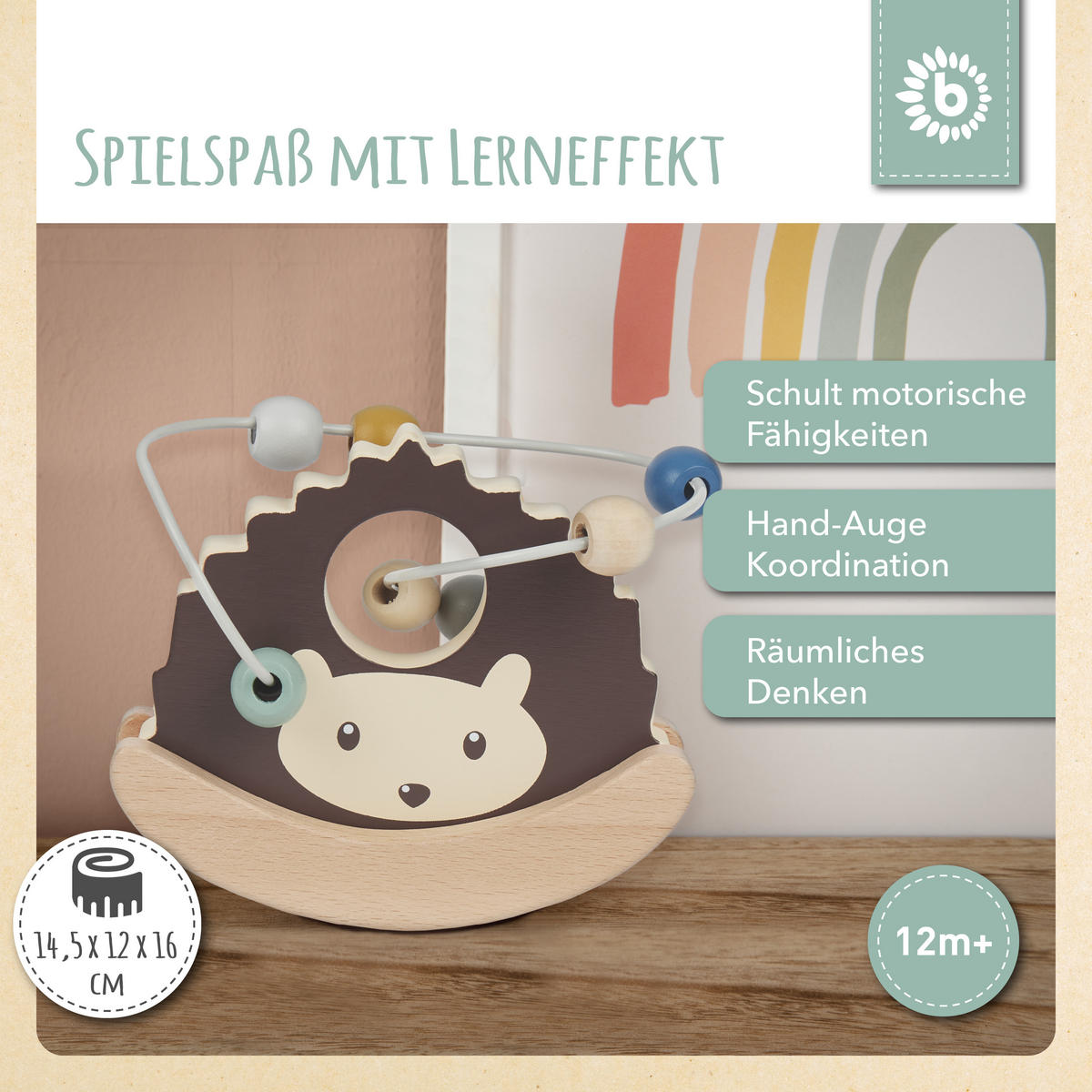 MOTORIKSCHLEIFE Igel mit Wippe - ab 12 M - Multicolor, Holz (8/14.5cm) - Bieco Spielwaren