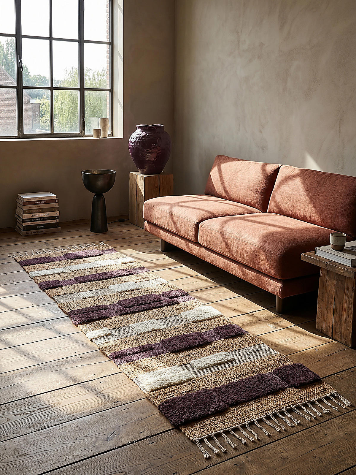 JUTETEPPICH handgewebt mit Fransen WHARFE, im Patchwork-Stil, Natur-Lila, 60 x 230 cm - Lila, Textil (60/230cm) - KADIMA DESIGN