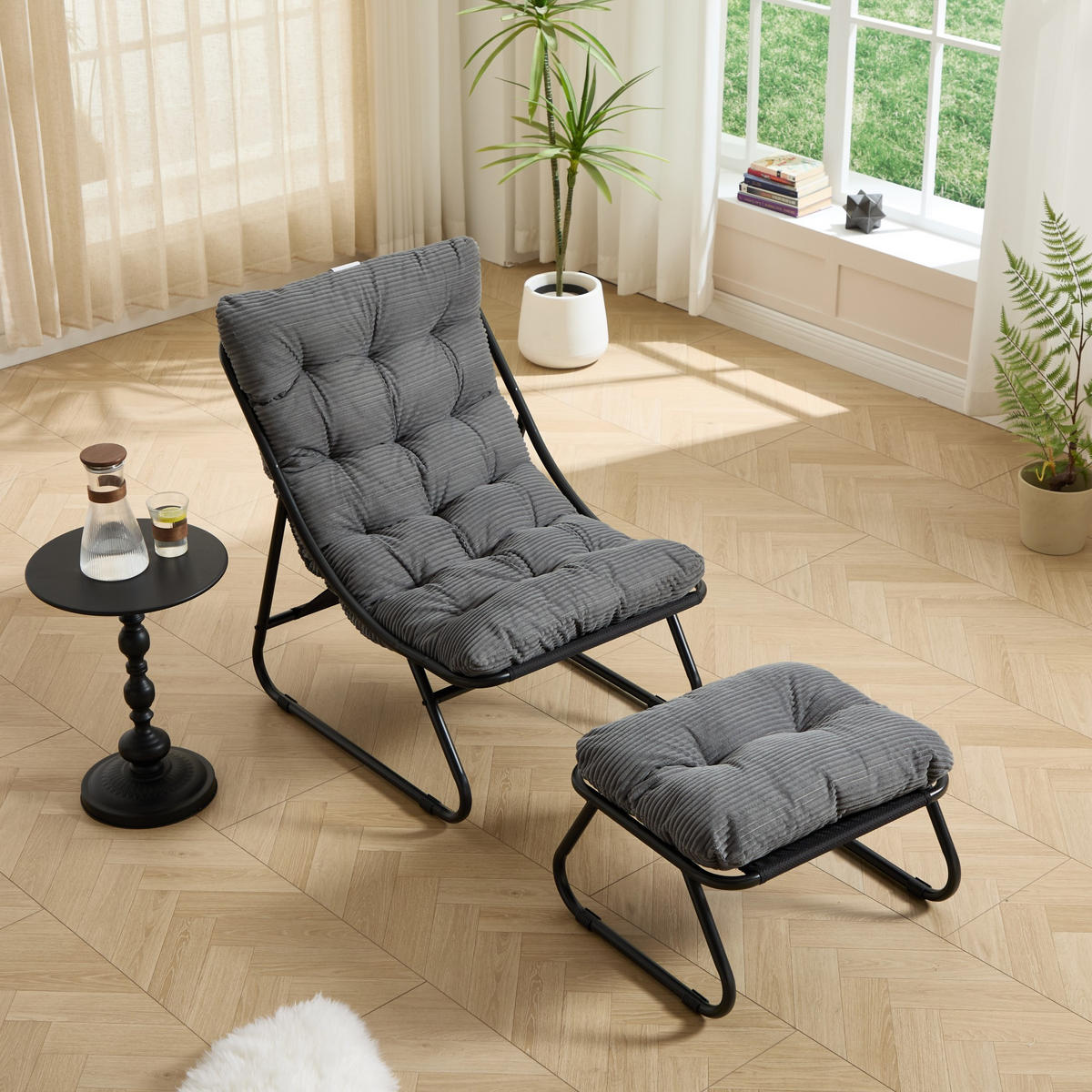 SESSELSET, Relaxsessel mit Hocker,Stahlrahmen,Cord,Grau - Dunkelgrau, Metall (78/86/65cm) - LVHOM