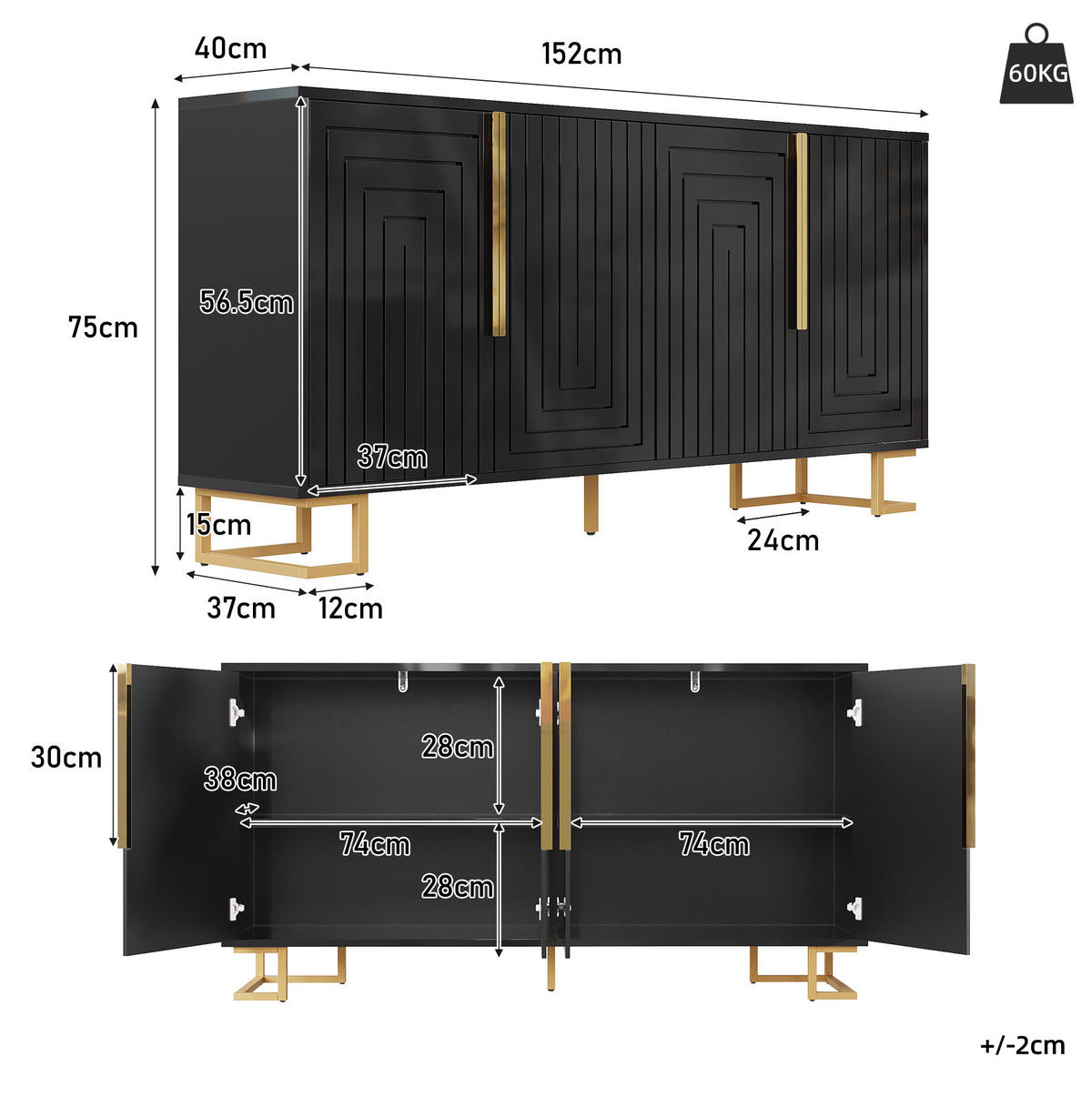 SIDEBOARD aus MDF 152x40x75 cm Schwarz mit 2 Türen, 4 Fächern, geometrischer Front und Kippschutz - Schwarz, Holzwerkstoff (152/75/40cm) - Modfu