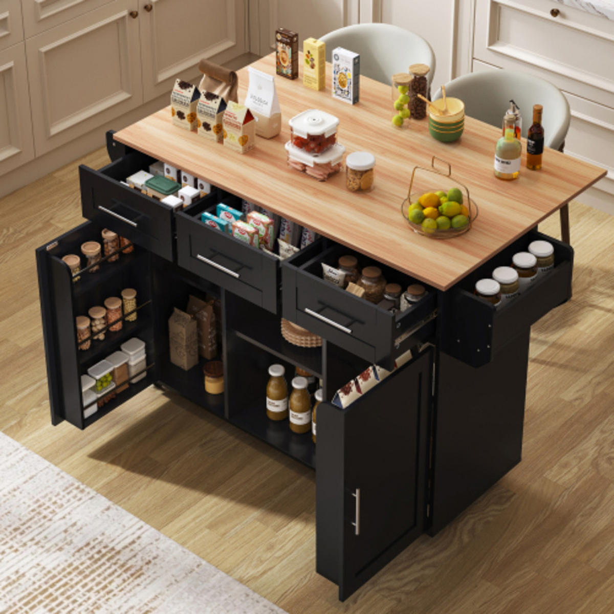 KÜCHENINSEL schwarz aus MDF mit klappbarer Erweiterungsplatte 139 × 46 × 91,5 cm - Schwarz, Holzwerkstoff (139/91.5/71cm) - Luhomfu