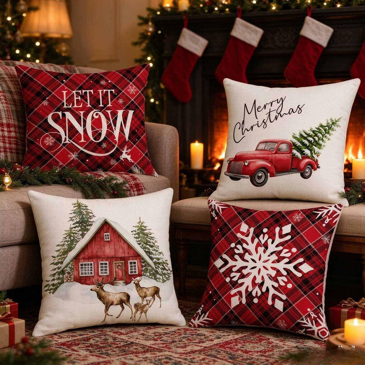 KISSENBEZUG – Weihnachtskissenbezug (Kissenfüllung nicht enthalten) – 45 x 45 cm – Multicolor(vier Stück) - Multicolor, Textil (45/45cm)
