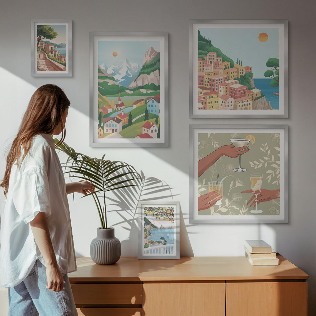 WANDBILDER 5er Set - 50x50 cm & 20x30 cm & 40x60 cm Silberner Rahmen - Meereslandschaften, Zitrusfrüchte - Silberfarben, Kunststoff (40/60cm) - ArtPrintCave