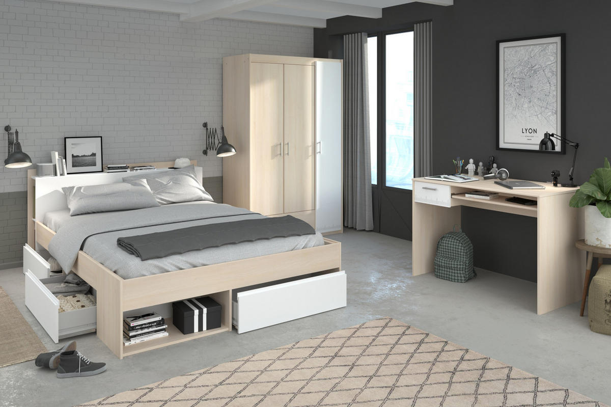 BETT mit Regal und 3 x Schubkasten Stauraumbett 160 x 200 cm - Weiß/Akaziefarben, Holz/Holzwerkstoff (160/200cm) - Parisot Meuble