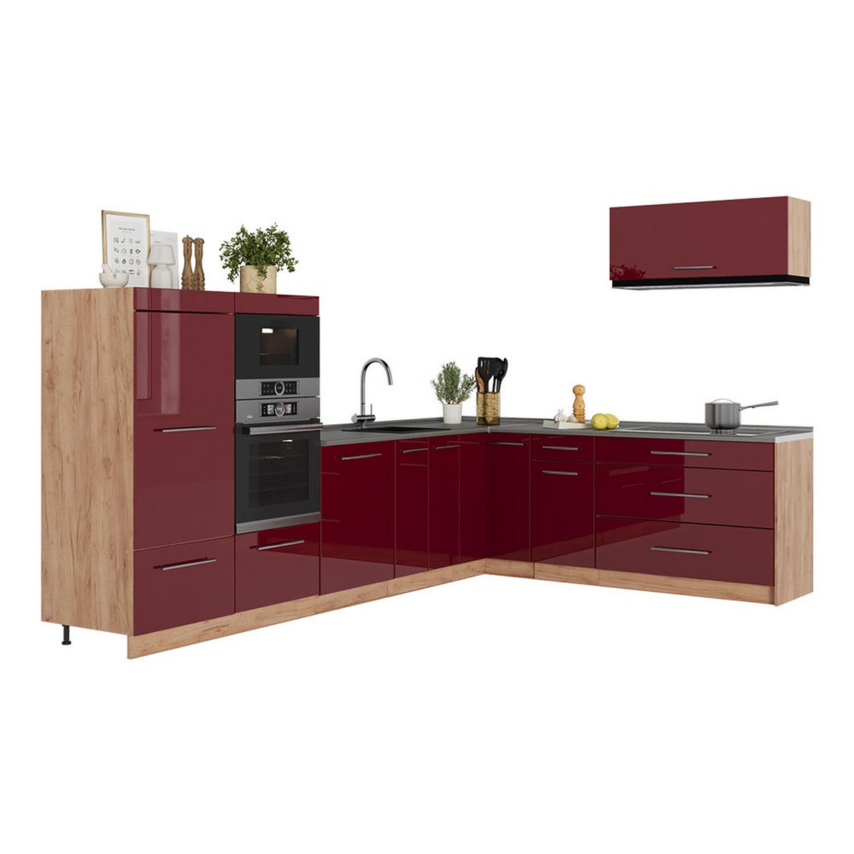 KUHINJA U OBLIKU SLOVA L Fame-Line, Bordo visokog sjaja/Hrast zlatnog tona, 327 x 227 cm, RP Antracit - hrast medunac/bordo, drvni materijal (327/153.6/60cm) - Vicco