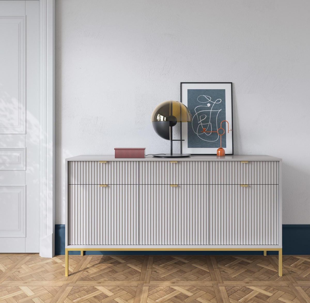 SIDEBOARD Eternas 3T 3S Grau 154/83/39 cm – goldene Füße, mit geriffelten Fronten - Goldfarben/Grau, Holzwerkstoff (154/83/39cm) - AX Living