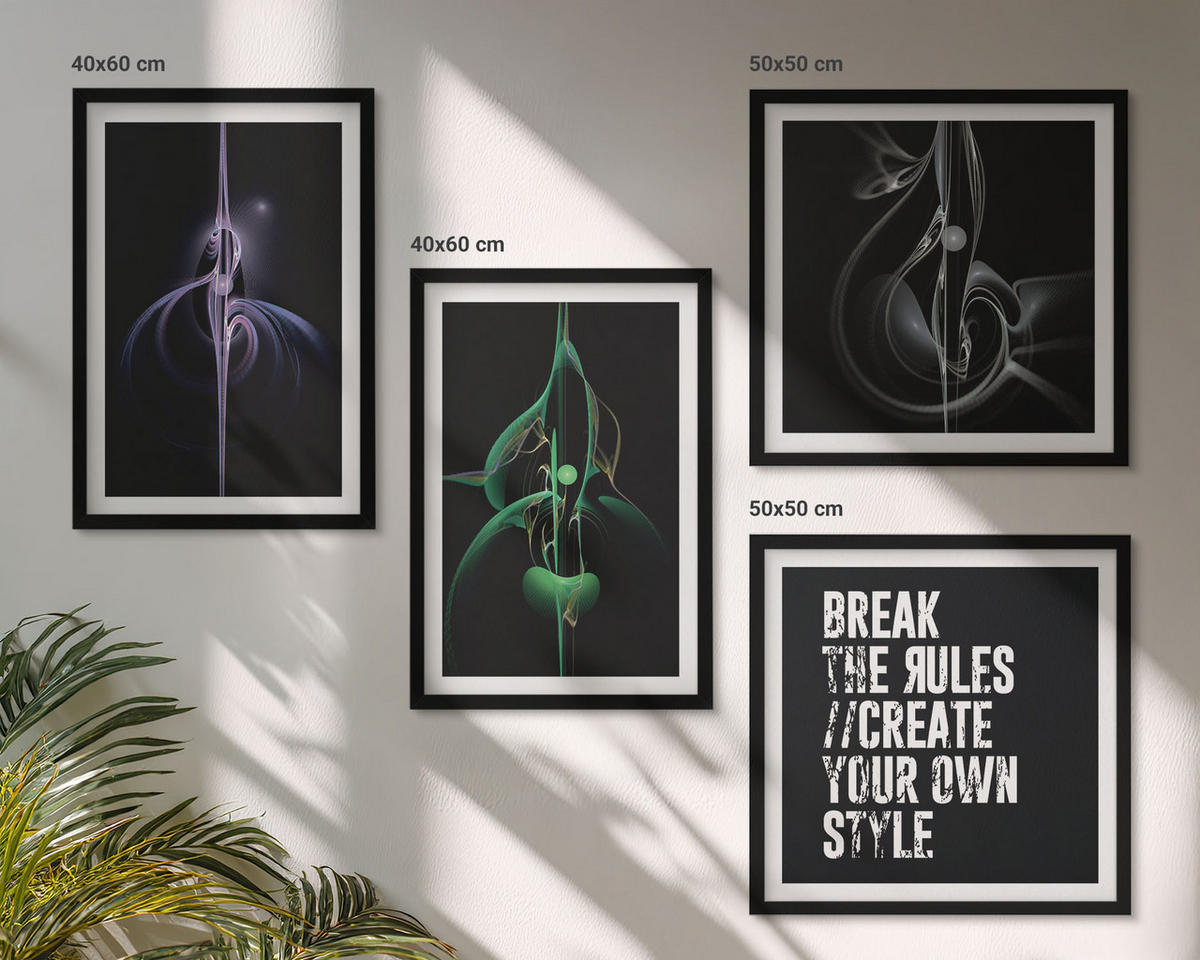 WANDBILDER 4er-Set - 50x50 cm & 40x60 cm Schwarzer Rahmen - Abstrakte schwarze Muster - Schwarz, Kunststoff (50/50cm) - ArtPrintCave