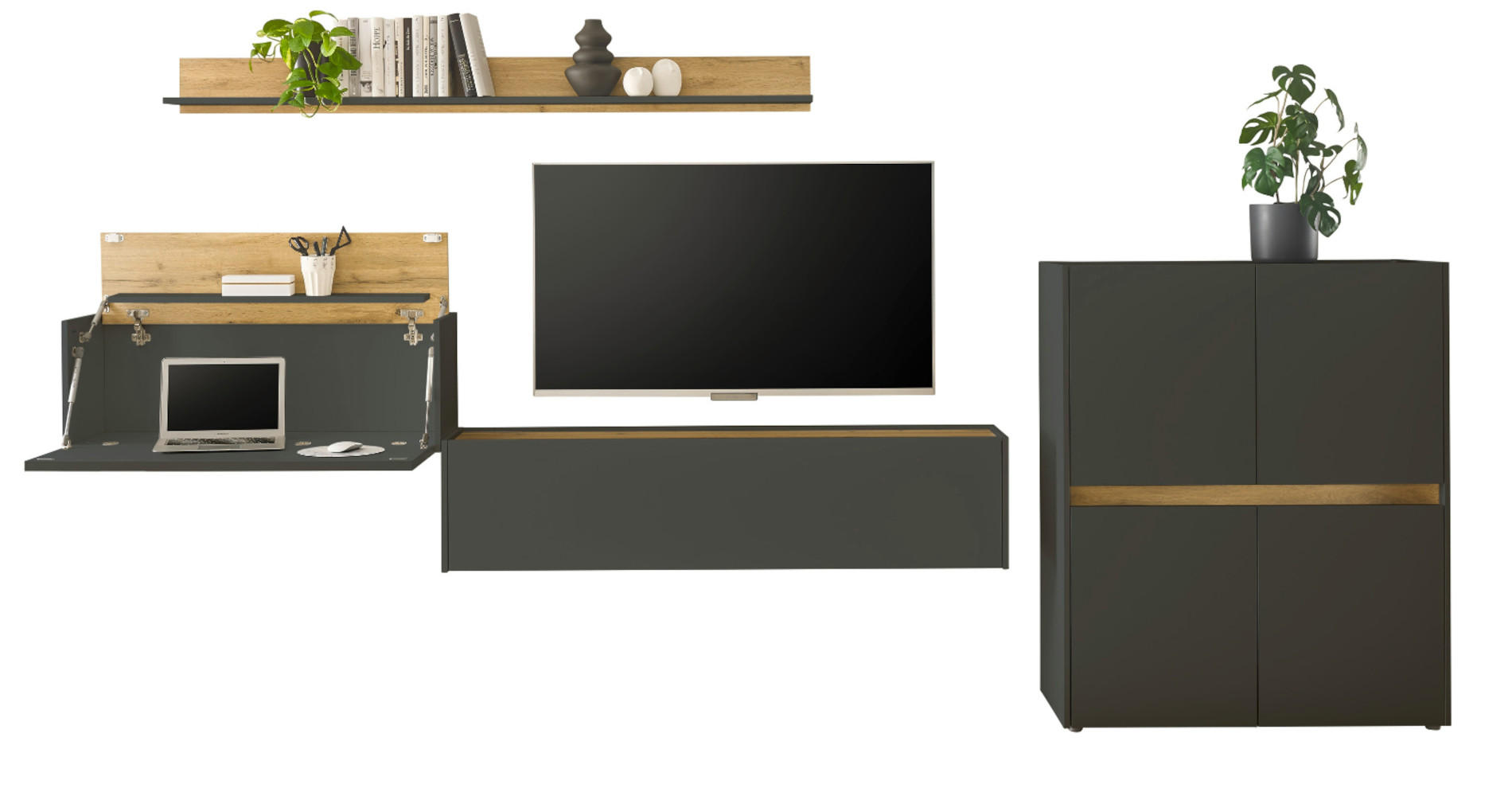 WOHNWAND mit Sekretär grau matt, Eiche Wotan 370 cm, Schrankwand 4-teilig - Eiche Wotan/Grau, Holzwerkstoff/Kunststoff (370/170/40cm) - Furn.Design