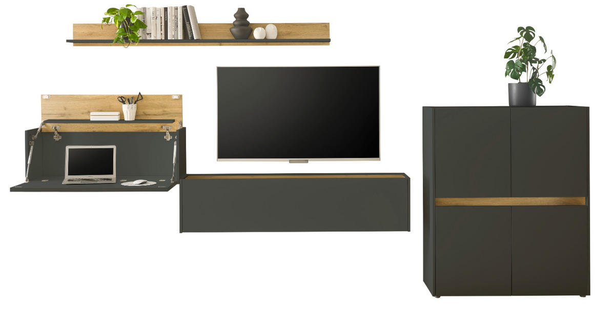 WOHNWAND mit Sekretär grau matt, Eiche Wotan 370 cm, Schrankwand 4-teilig - Eiche Wotan/Grau, Holzwerkstoff/Kunststoff (370/170/40cm) - Furn.Design