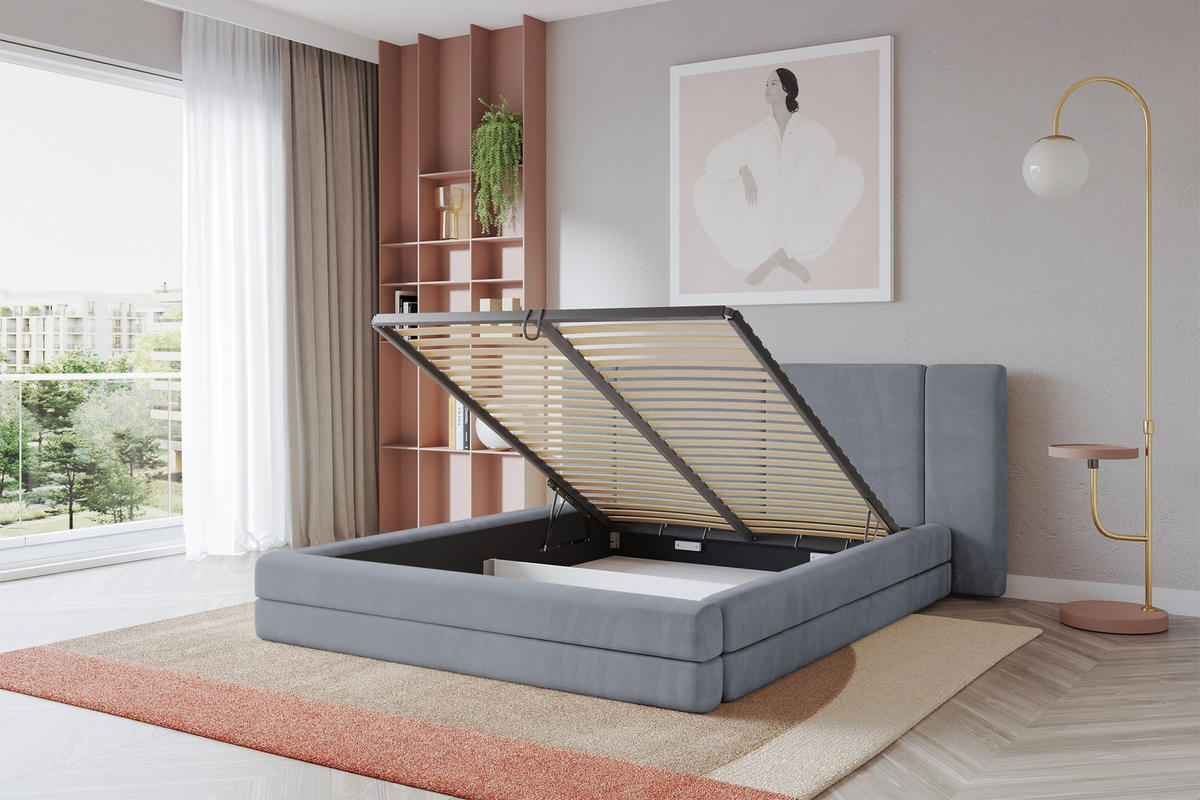 POLSTERBETT mit Bettkasten und Lattenrost, Bett mit Matratze H3/H4 - TEVO 200x200 Grau - Grau, Holzwerkstoff/Textil (200/200cm) - ALTDECOR