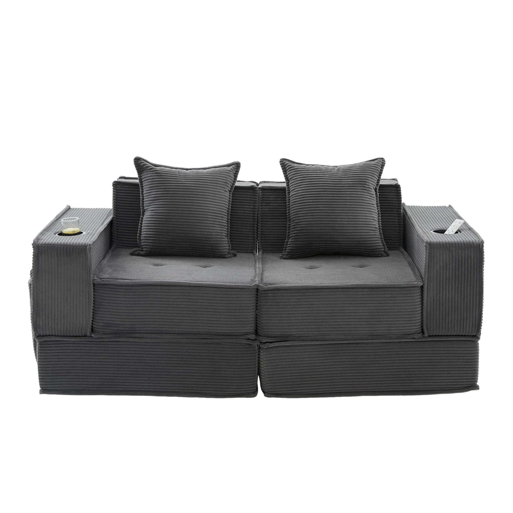 2-SITZER-SOFA 162/78/66 cm mit 2 Kissen, Seitentaschen und modularem Cord-Design, Dunkelgrau - Dunkelgrau, Textil (162/66/78cm) - Redom