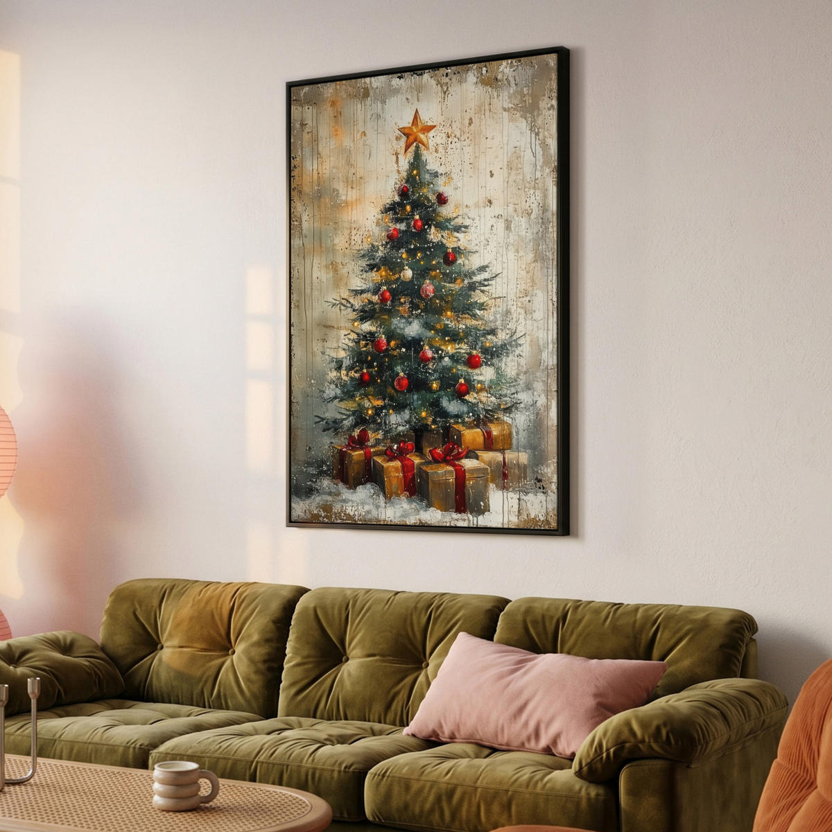 LEINWAND Bilder mit Rahmen - Weihnachtsbaum - Vintage - Weihnachten - Geschenk - 80x120 - Rostfarben, Textil (80/120cm) - MuchoWow