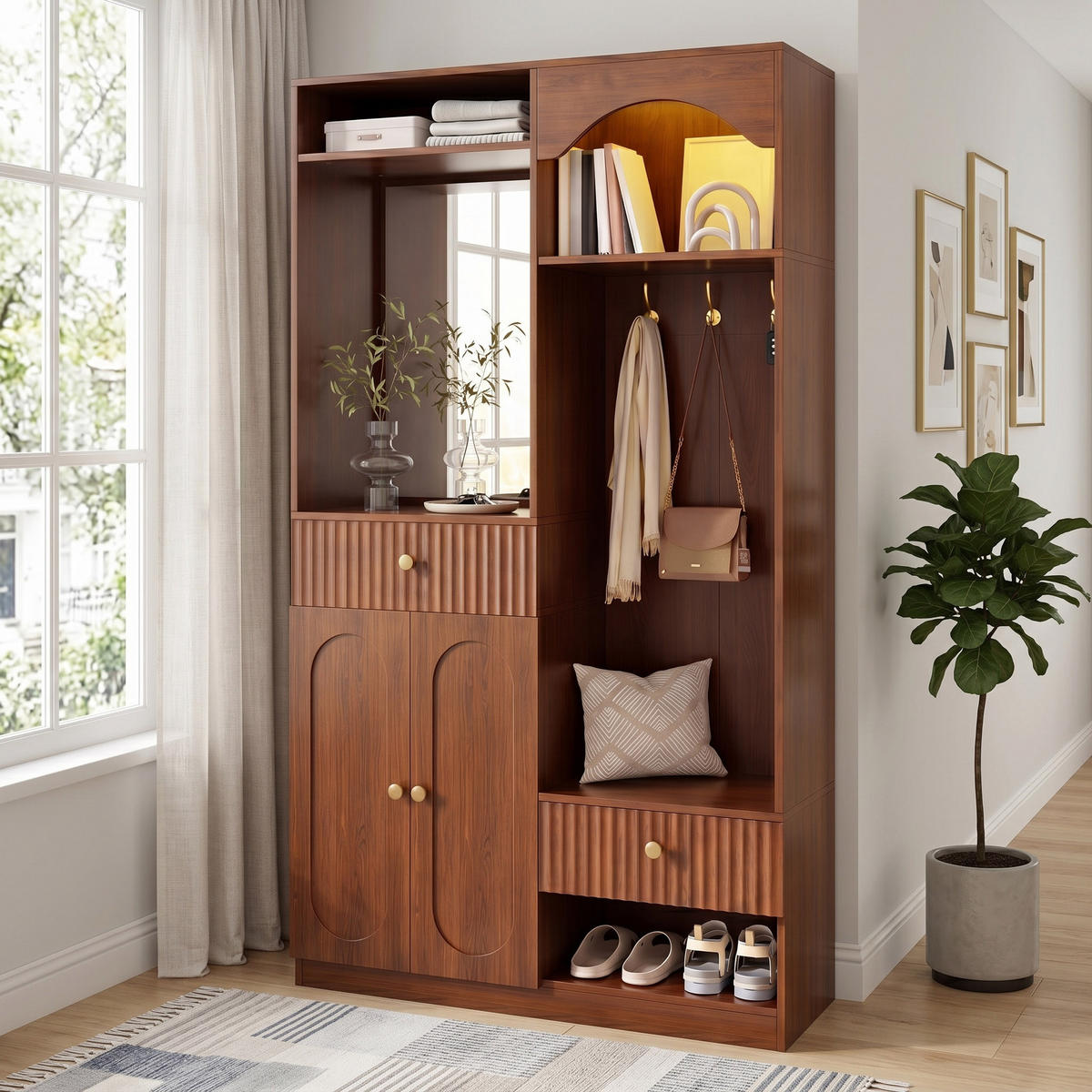 GARDEROBE 100cm Walnuss mit LED, Spiegel, Schuhschrank & Sitzbank - Walnussfarben, Holzwerkstoff (100/180/35cm) - Urban Meuble