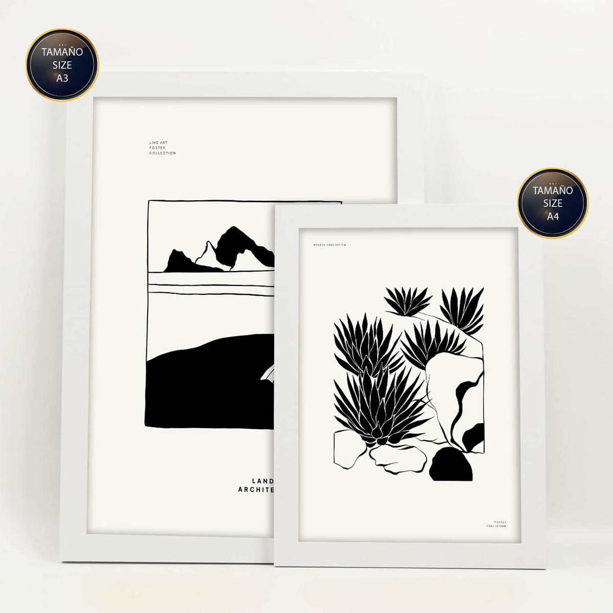 POSTER Set Mit 6 Kakteen im Topf mit schwarzer Tinte Größe A3 & A4 Weißer Rahmen - Weiß, Papier (29.7/1cm) - Nacnic