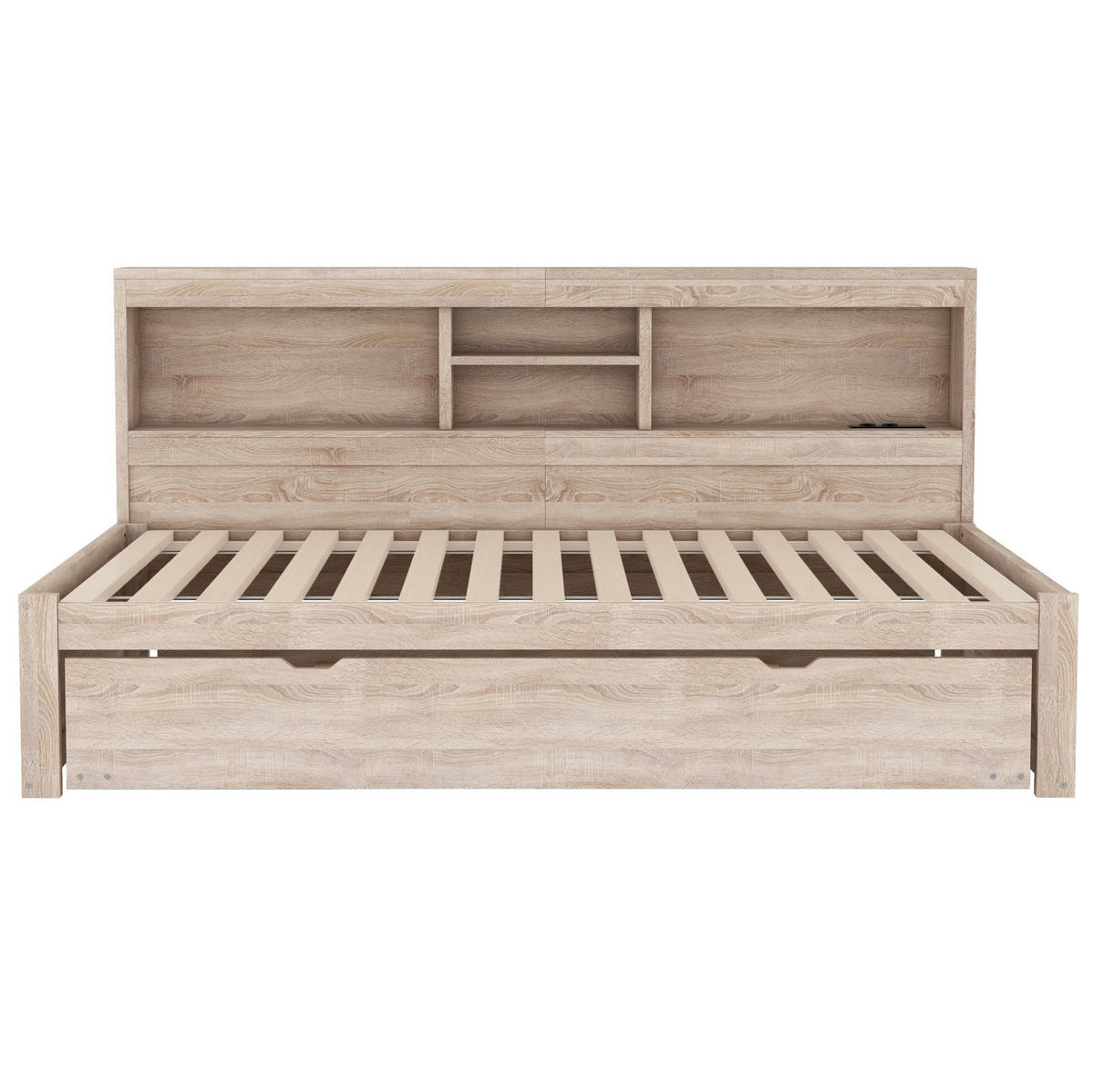 TAGESBETT 90/200 cm aus Holzwerkstoff mit LED-Beleuchtung, Ausziehbett, USB-Anschluss und Stauraum, Natur - Naturfarben, Holzwerkstoff (90/200cm) - Redom