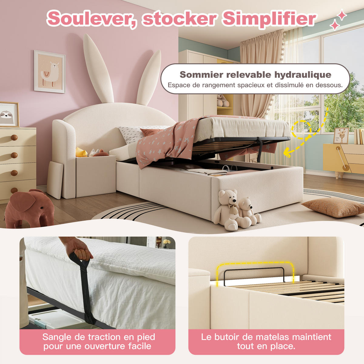KINDERBETT 90/190 mit Hasenohren-Kopfteil, hydraulischem Stauraum und Nachttisch in Beige - Beige, Holzwerkstoff/Textil (90/190cm) - EVRYAE