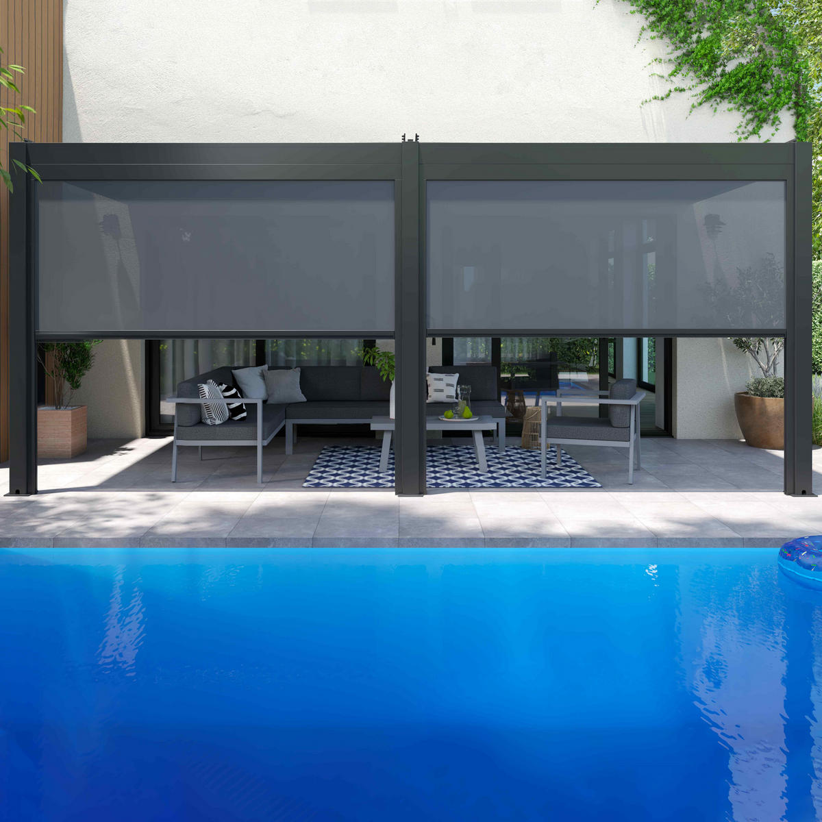 PERGOLA 3x6m, motorisiert mit 2 Markisen, Grau - Grau, Metall (266/250/574cm) - Oviala