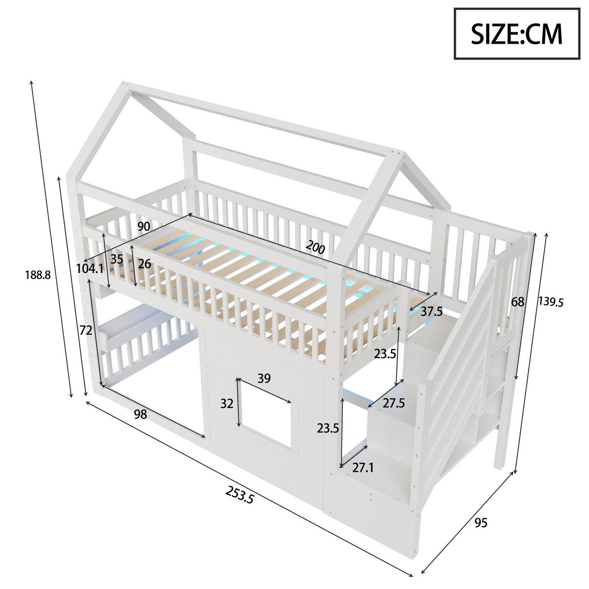 HAUSBETT 90/200 cm in Weiß mit Treppe, Ablage und LED aus Kiefernholz - Weiß, Holzwerkstoff - STILVORA