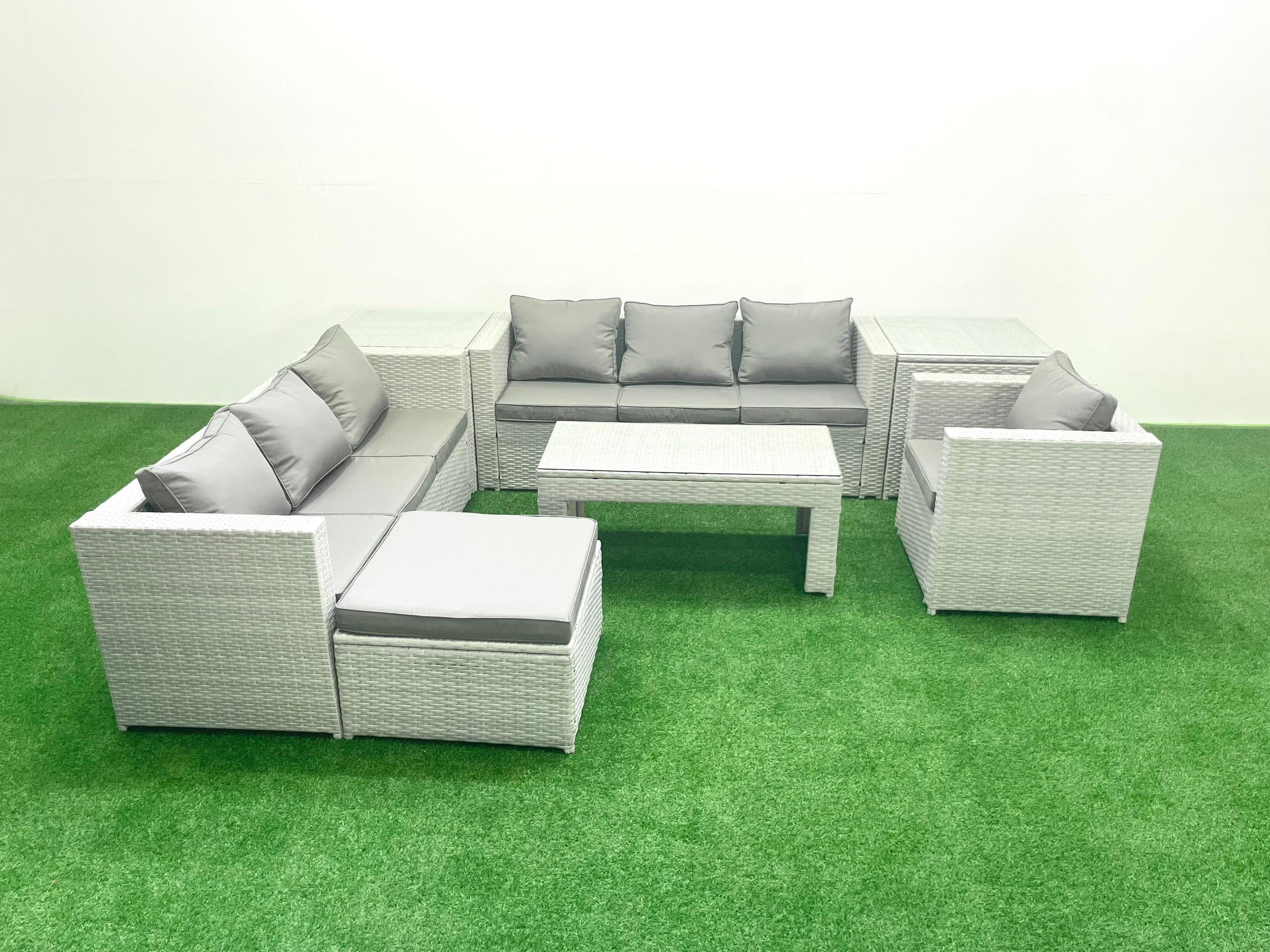 GARTENSOFA hohe Rückenlehne Polyrattan Hellgrau-Mix 8-Sitzer - Hellgrau/Grau, Glas/Kunststoff - Fimous