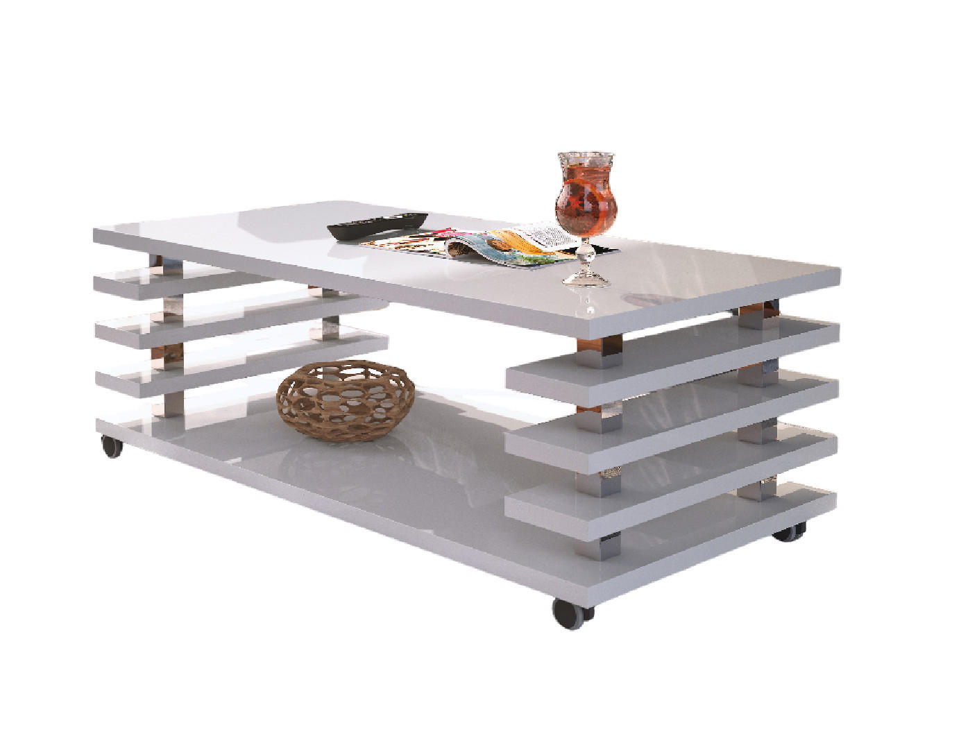 COUCHTISCH rechteckig Weiß Hochglanz Ablage Rollen - Weiß Hochglanz, Holzwerkstoff (60/120/45cm) - designimpex
