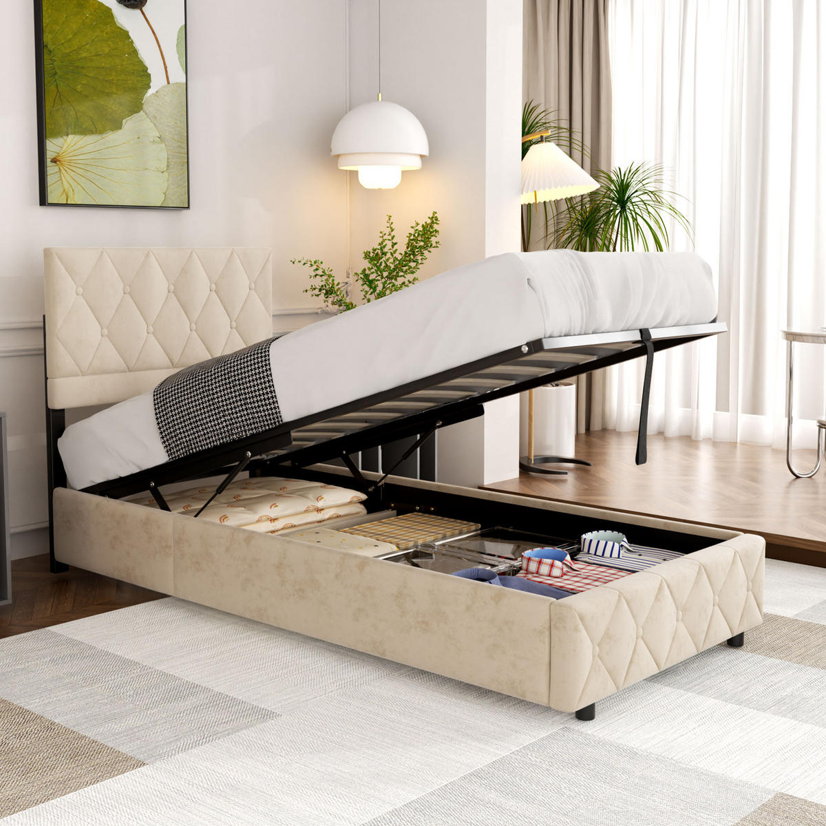 POLSTERBETT 90x190cm Beige mit Knopfnahtverzierung-Kopfteil, mit Bettkasten und Lattenrost - Beige, Holzwerkstoff/Textil (90/190cm) - EVRYAE