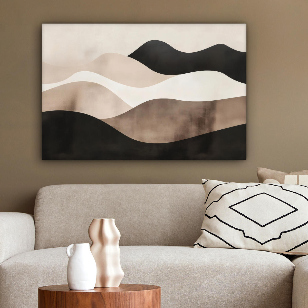 LEINWANDBILD Abstrakt - Landschaft - Wellen - Cremefarben Gemälde 60x40 cm - Cappuccino, Textil (60/40cm) - MuchoWow